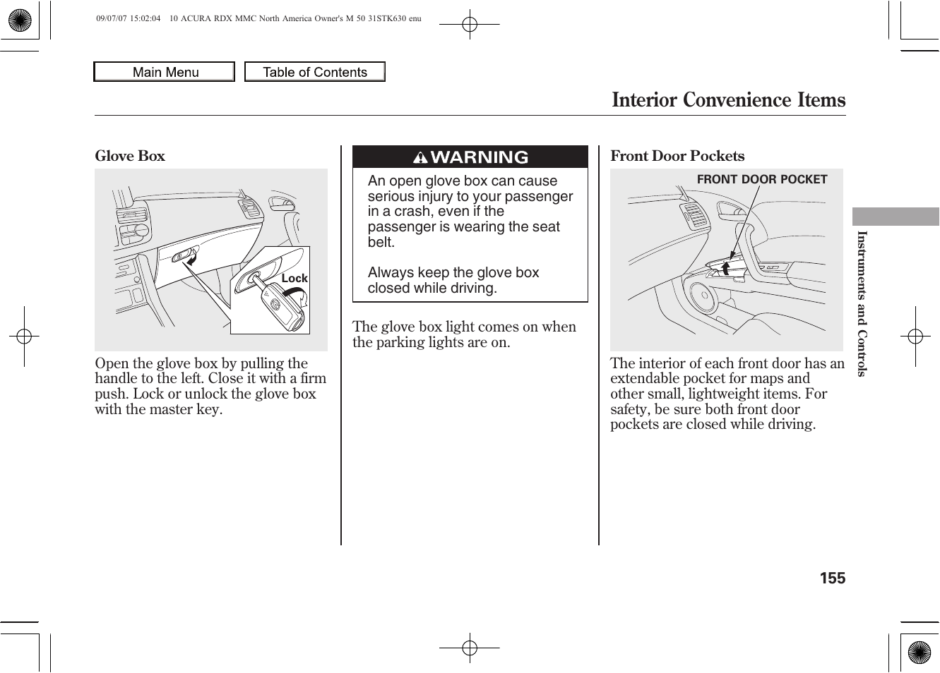 Glove box, Front door pocket, Interior convenience items | 2010 rdx | Acura 2010 RDX User Manual | Page 159 / 514