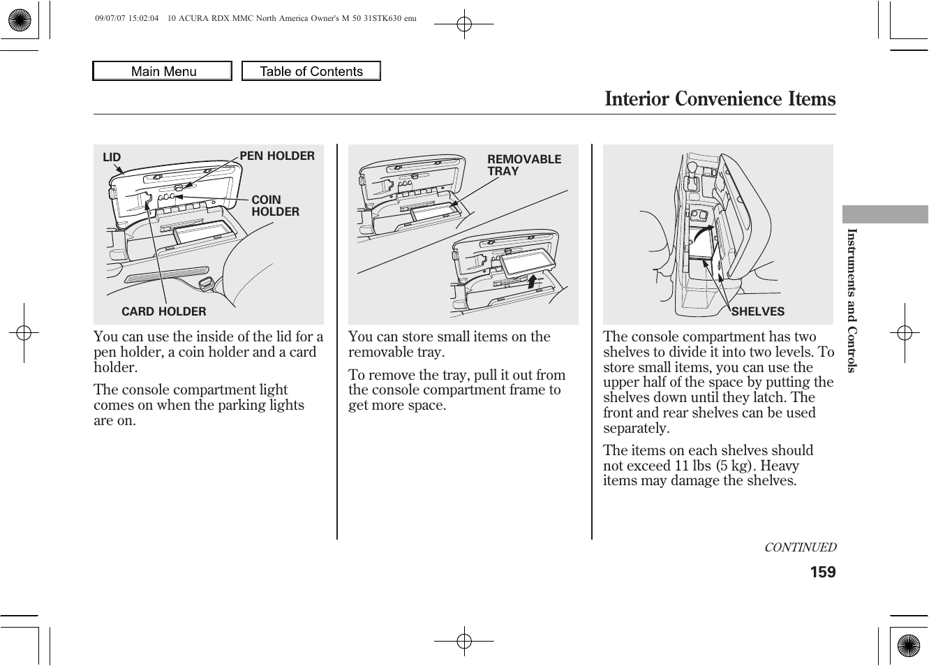 Interior convenience items, 2010 rdx | Acura 2010 RDX User Manual | Page 163 / 514