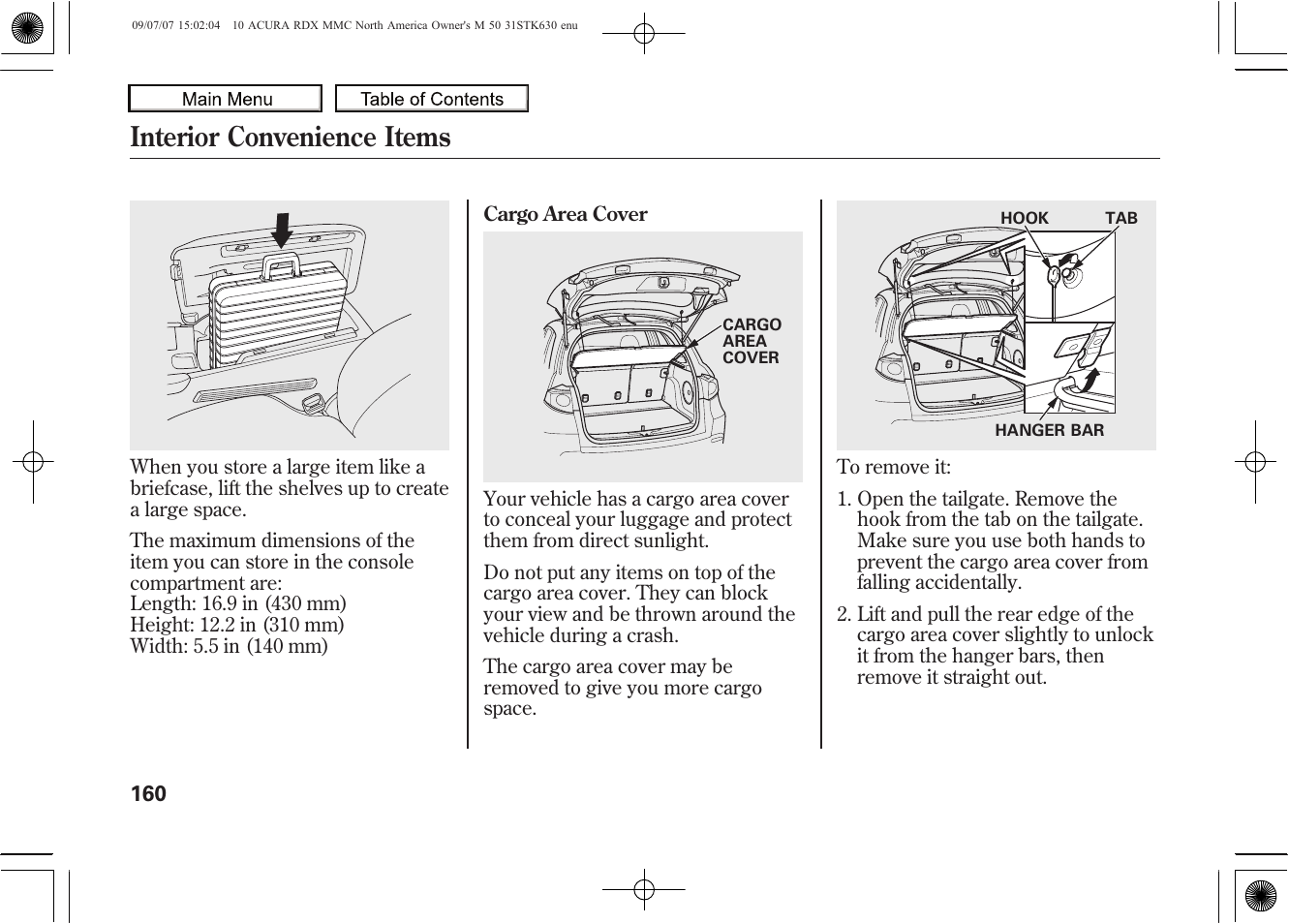 Cargo area cover, Interior convenience items, 2010 rdx | Acura 2010 RDX User Manual | Page 164 / 514
