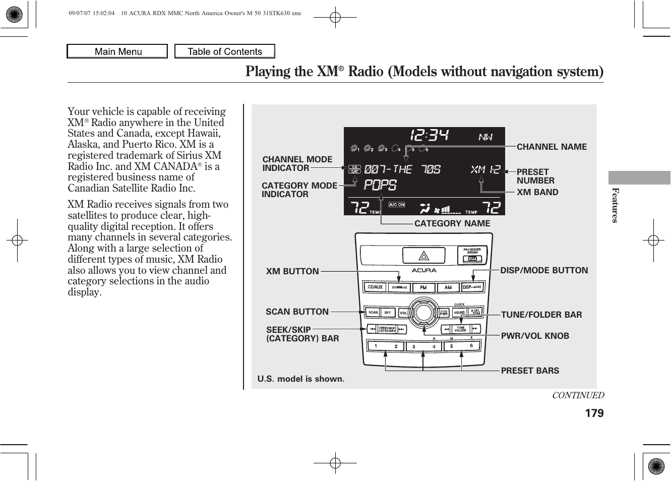 Playing the xm, Radio (models without navigation system), 2010 rdx | Acura 2010 RDX User Manual | Page 183 / 514