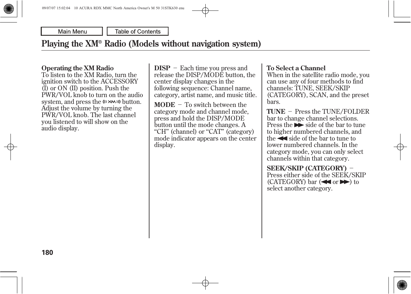 Playing the xm, Radio (models without navigation system), 2010 rdx | Acura 2010 RDX User Manual | Page 184 / 514