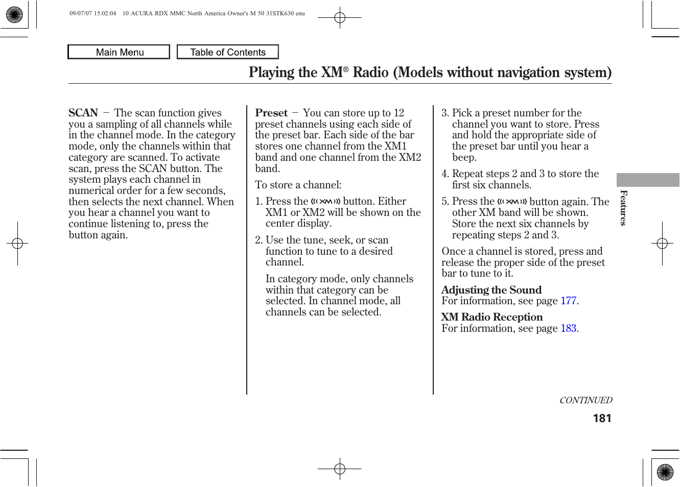 Playing the xm, Radio (models without navigation system), 2010 rdx | Acura 2010 RDX User Manual | Page 185 / 514