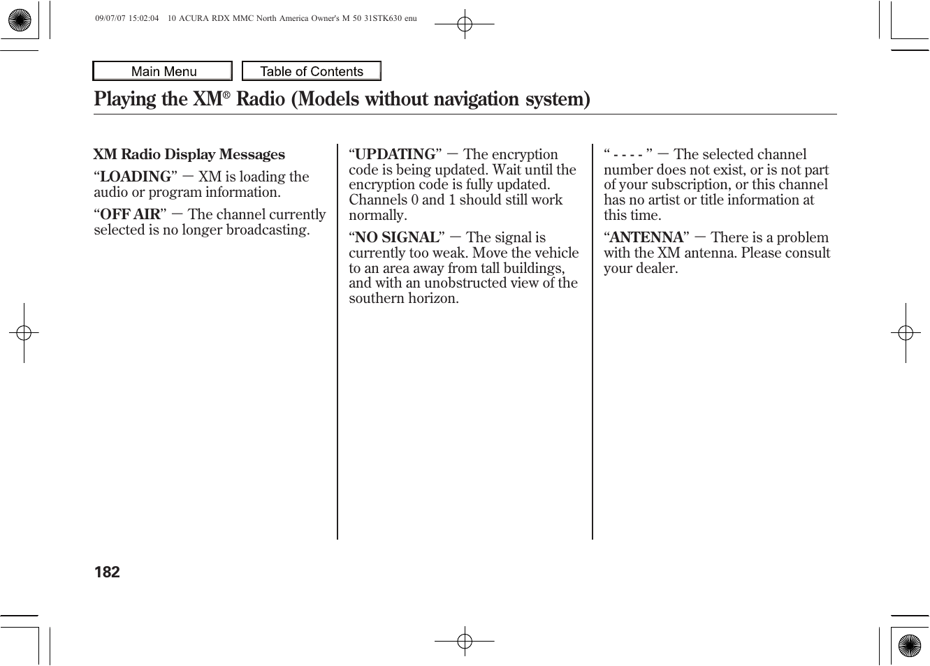 Playing the xm, Radio (models without navigation system), 2010 rdx | Acura 2010 RDX User Manual | Page 186 / 514