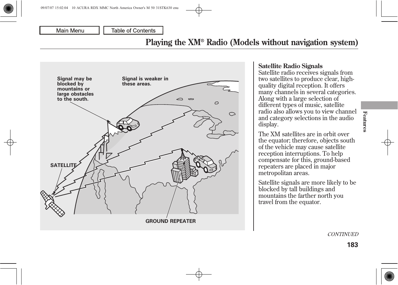 Playing the xm, Radio (models without navigation system), 2010 rdx | Acura 2010 RDX User Manual | Page 187 / 514