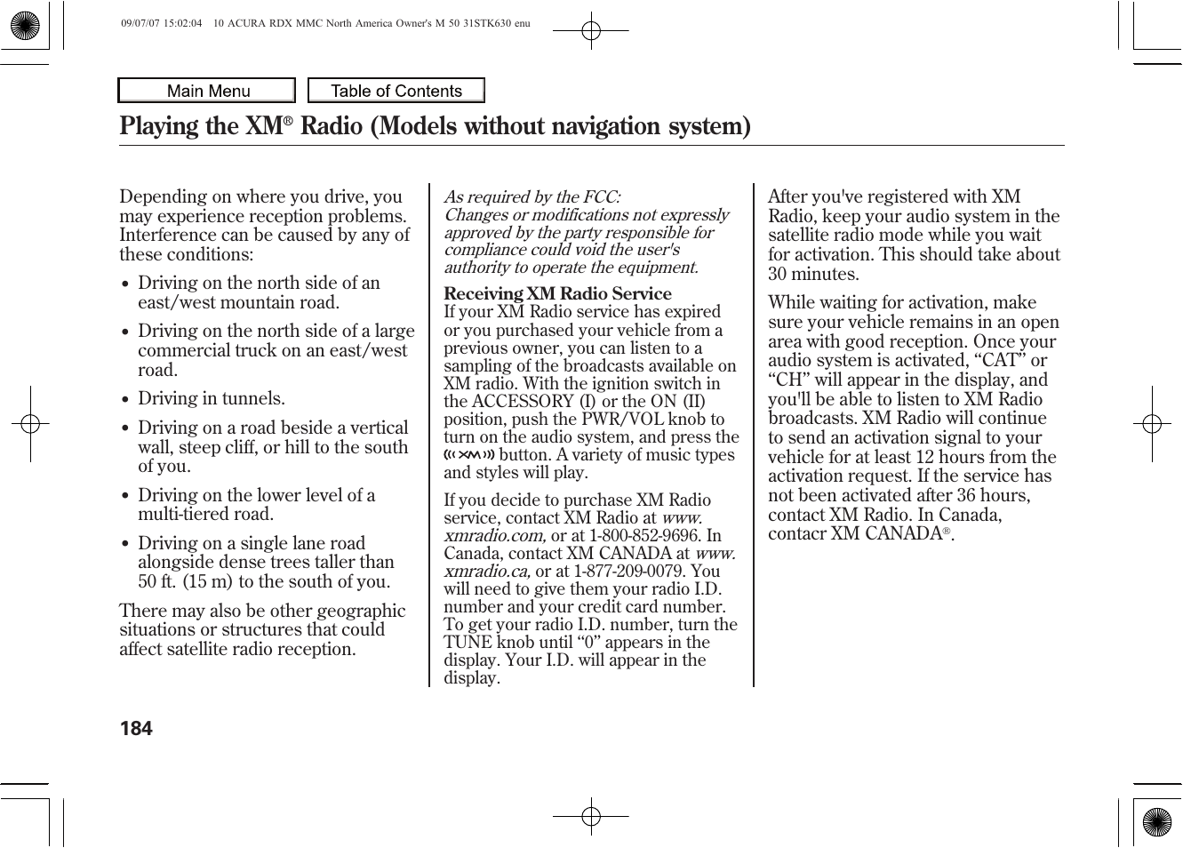 Playing the xm, Radio (models without navigation system), 2010 rdx | Acura 2010 RDX User Manual | Page 188 / 514