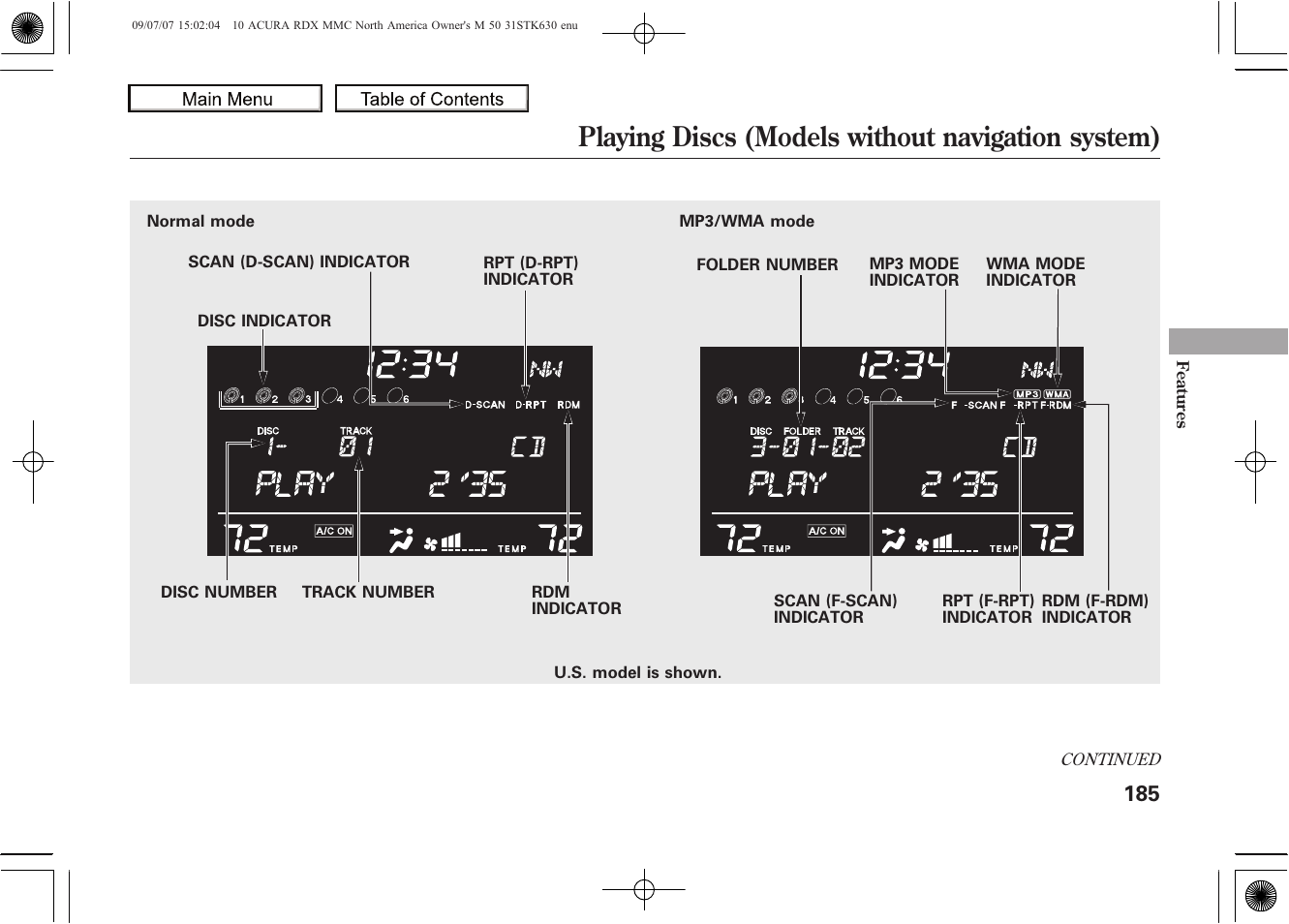Playing discs (models without navigation system), 2010 rdx | Acura 2010 RDX User Manual | Page 189 / 514