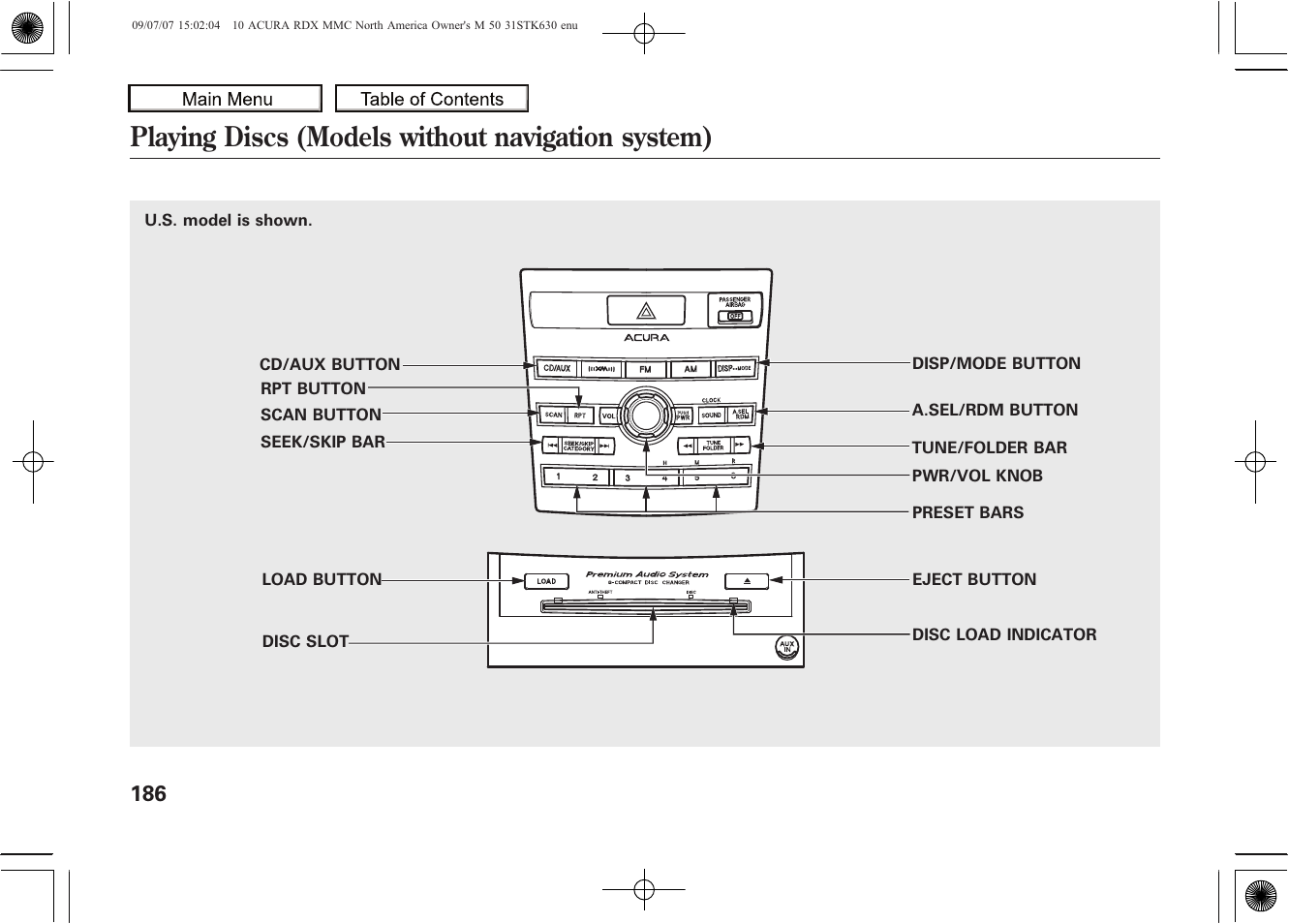 Playing discs (models without navigation system), 2010 rdx | Acura 2010 RDX User Manual | Page 190 / 514