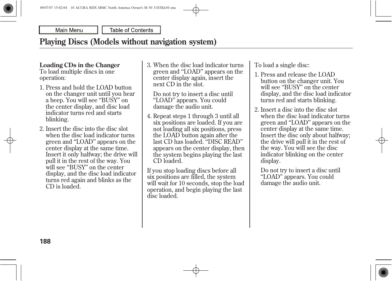 Playing discs (models without navigation system), 2010 rdx | Acura 2010 RDX User Manual | Page 192 / 514