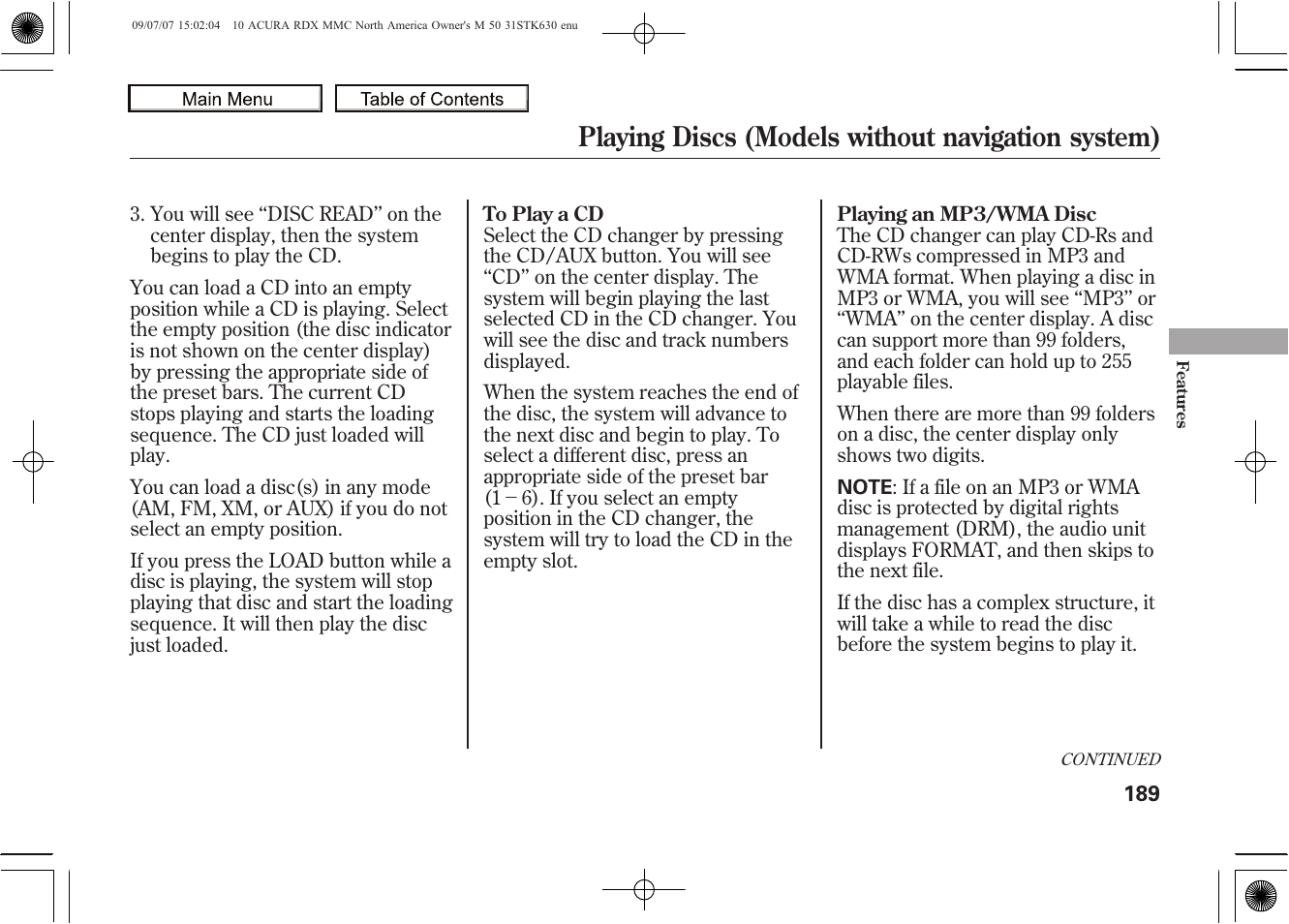 Playing discs (models without navigation system), 2010 rdx | Acura 2010 RDX User Manual | Page 193 / 514