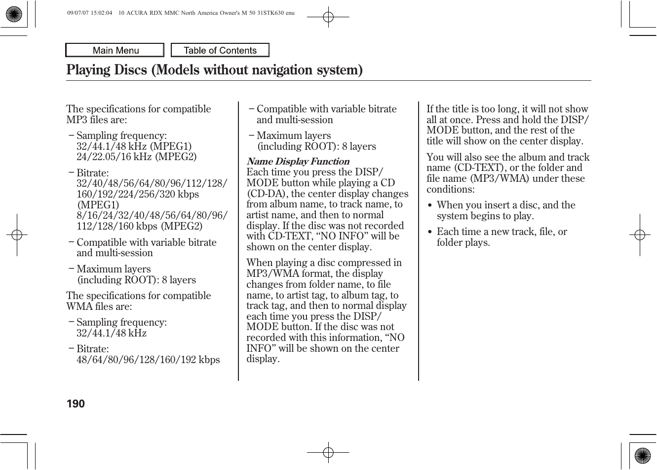 Playing discs (models without navigation system), 2010 rdx | Acura 2010 RDX User Manual | Page 194 / 514