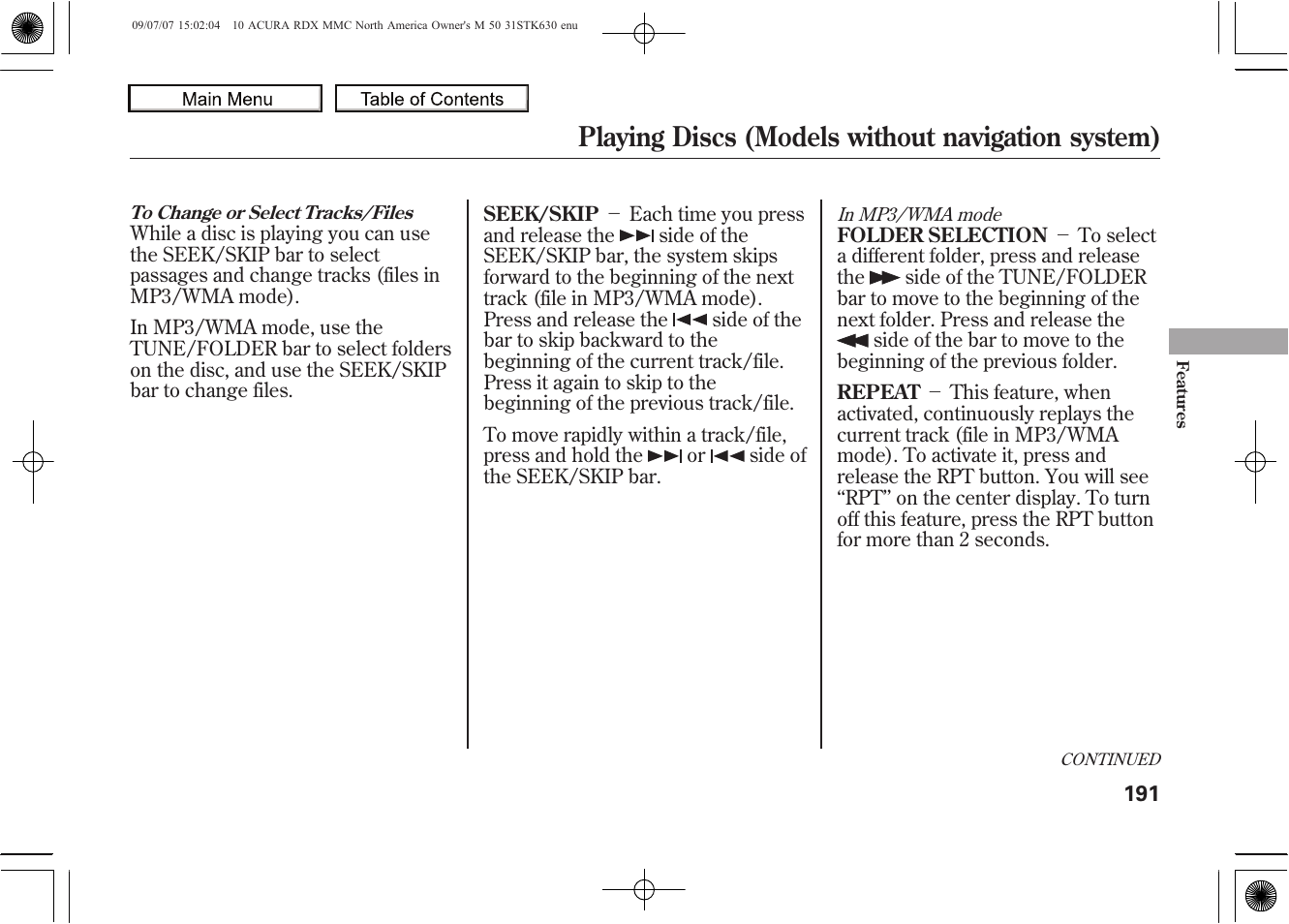 Playing discs (models without navigation system), 2010 rdx | Acura 2010 RDX User Manual | Page 195 / 514