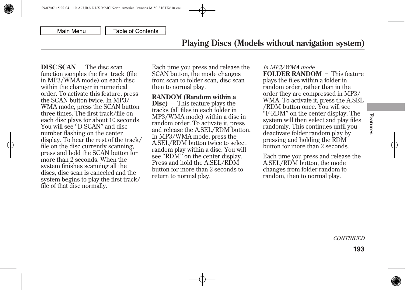 Playing discs (models without navigation system), 2010 rdx | Acura 2010 RDX User Manual | Page 197 / 514