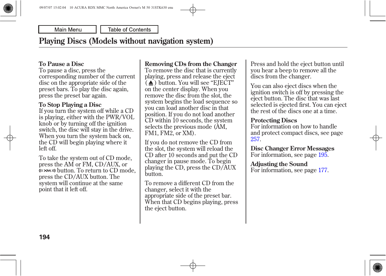 Playing discs (models without navigation system), 2010 rdx | Acura 2010 RDX User Manual | Page 198 / 514