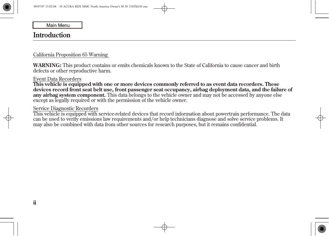 Introduction | Acura 2010 RDX User Manual | Page 2 / 514