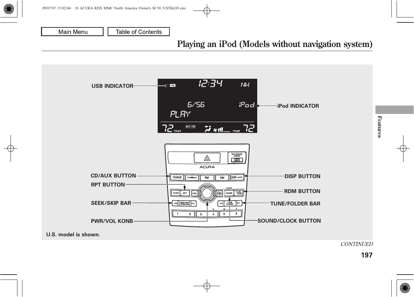 Playing an ipod (models without navigation system), 2010 rdx | Acura 2010 RDX User Manual | Page 201 / 514