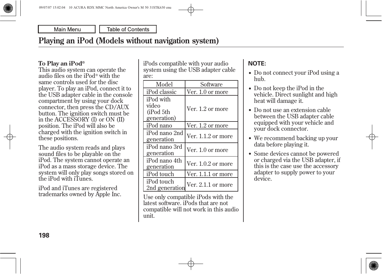 Playing an ipod (models without navigation system), 2010 rdx | Acura 2010 RDX User Manual | Page 202 / 514