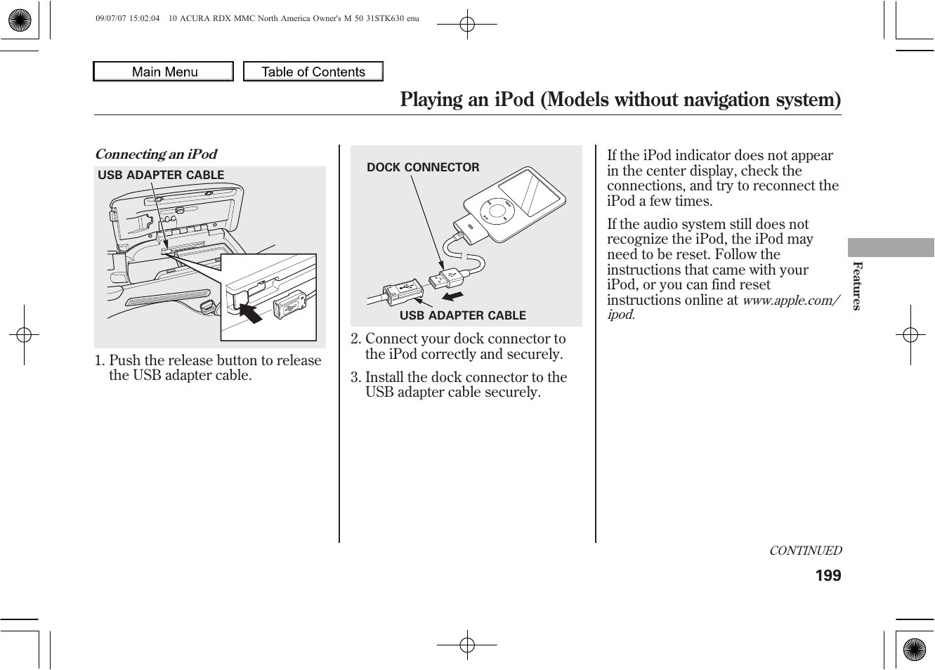 Playing an ipod (models without navigation system), 2010 rdx | Acura 2010 RDX User Manual | Page 203 / 514