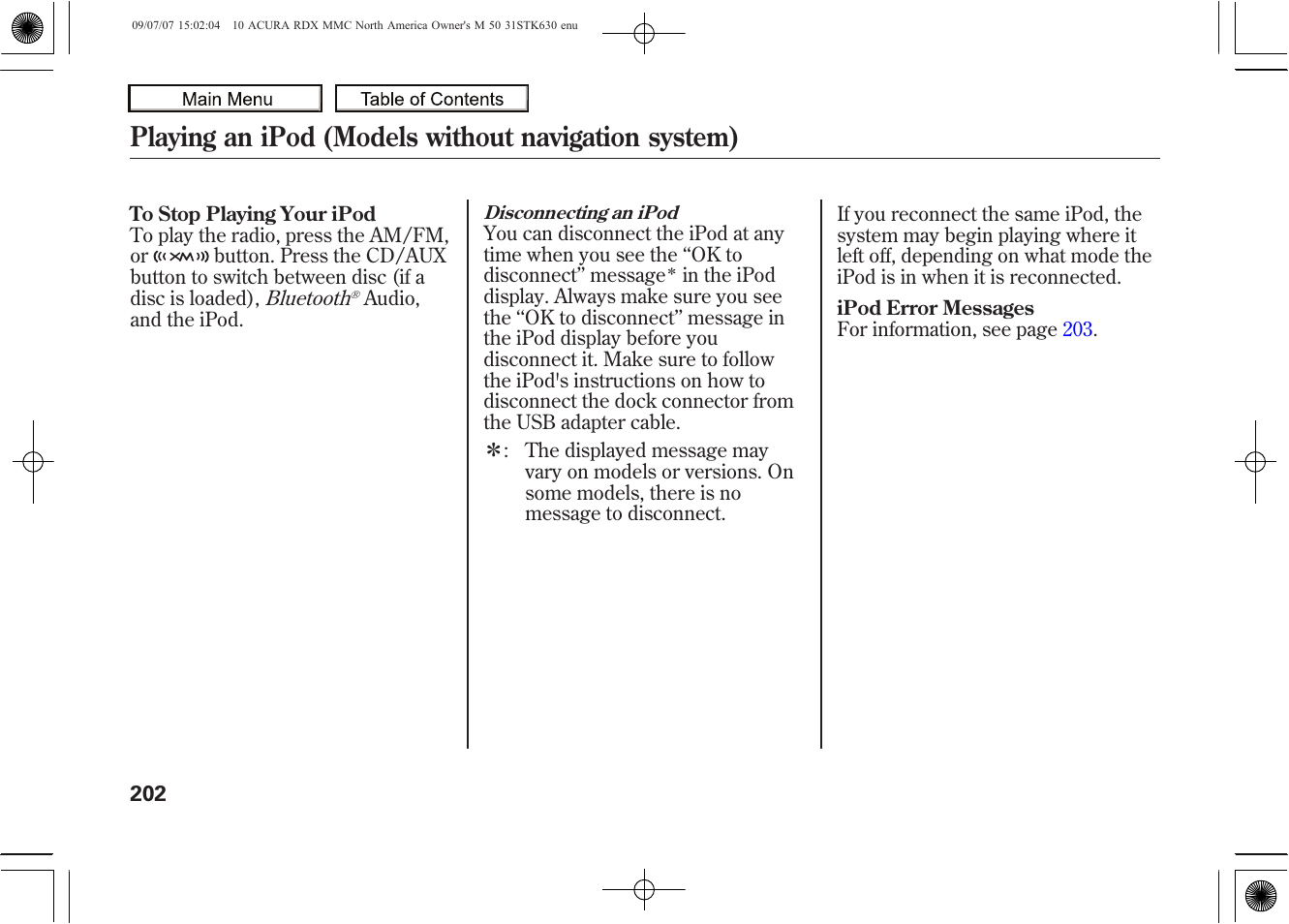 Playing an ipod (models without navigation system), 2010 rdx | Acura 2010 RDX User Manual | Page 206 / 514