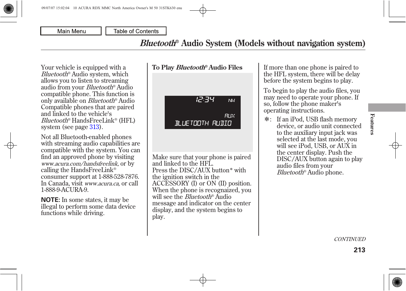 Bluetooth, Audio system (models without navigation system), 2010 rdx | Acura 2010 RDX User Manual | Page 217 / 514