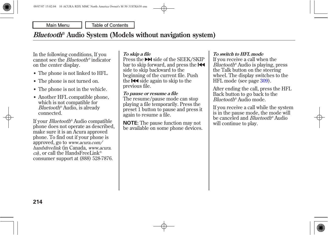 Bluetooth, Audio system (models without navigation system), 2010 rdx | Acura 2010 RDX User Manual | Page 218 / 514