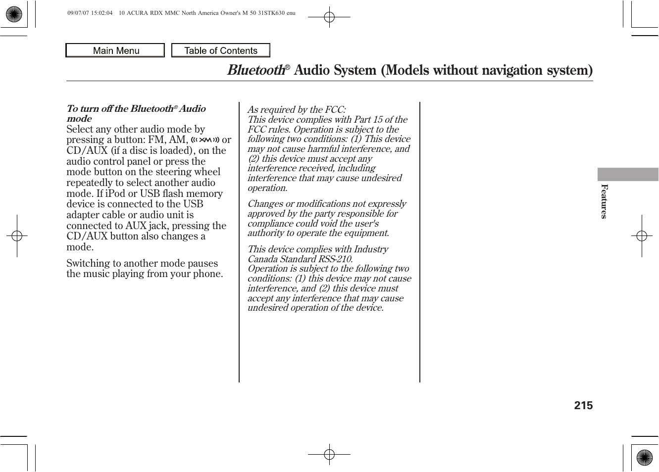 Bluetooth, Audio system (models without navigation system), 2010 rdx | Acura 2010 RDX User Manual | Page 219 / 514