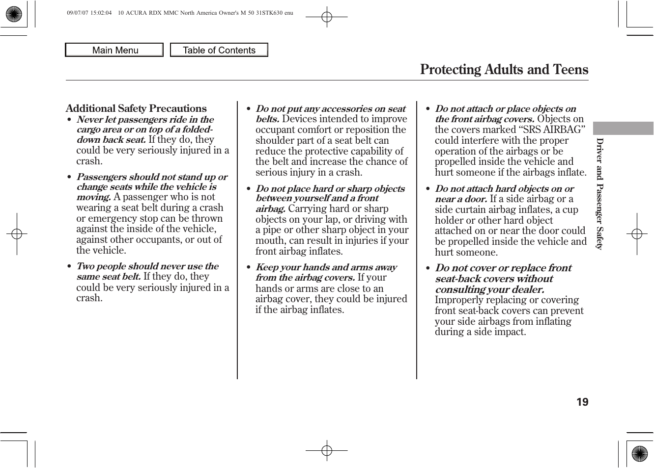 Protecting adults and teens, 2010 rdx | Acura 2010 RDX User Manual | Page 23 / 514
