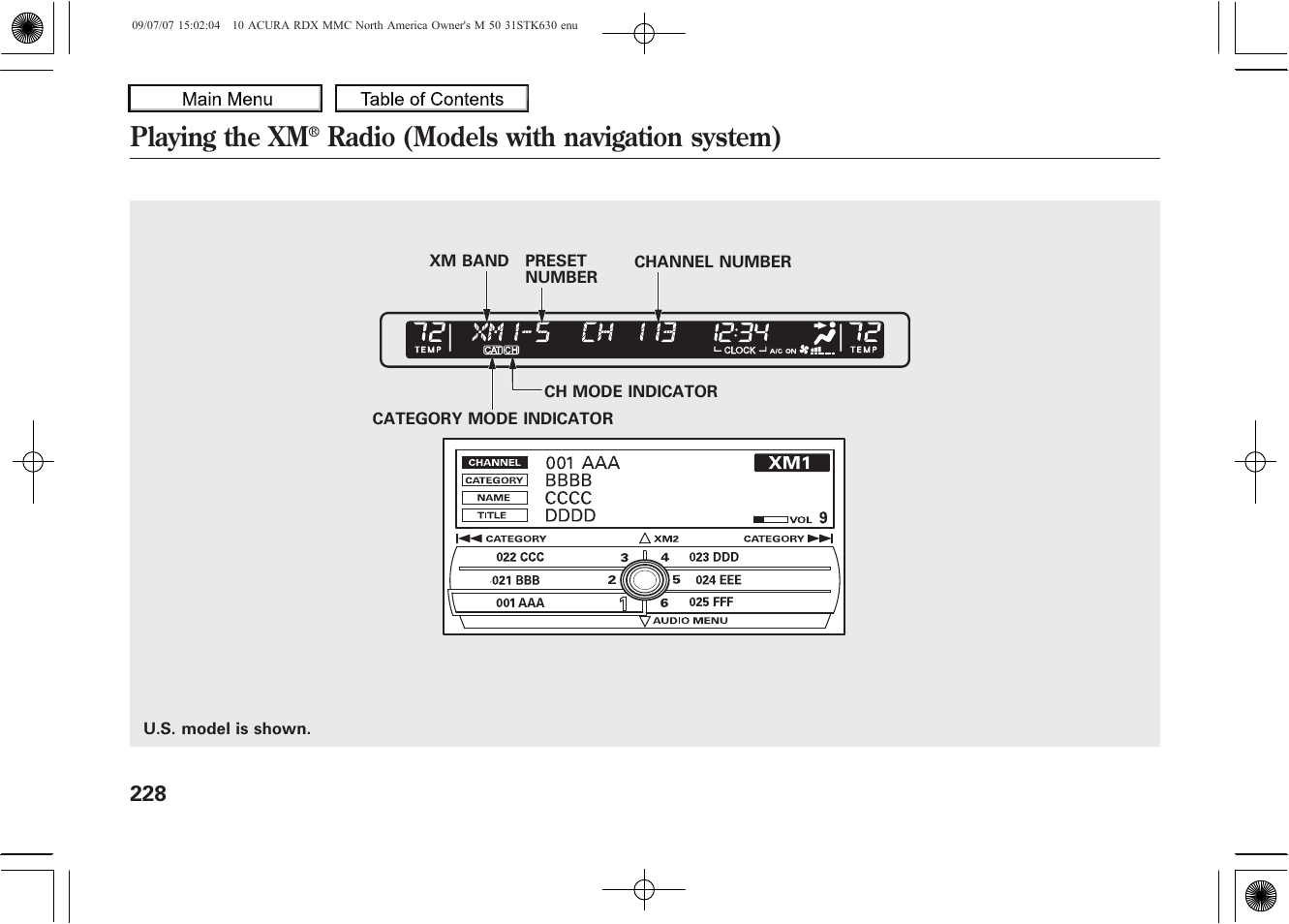 Playing the xm, Radio (models with navigation system), 2010 rdx | Acura 2010 RDX User Manual | Page 232 / 514