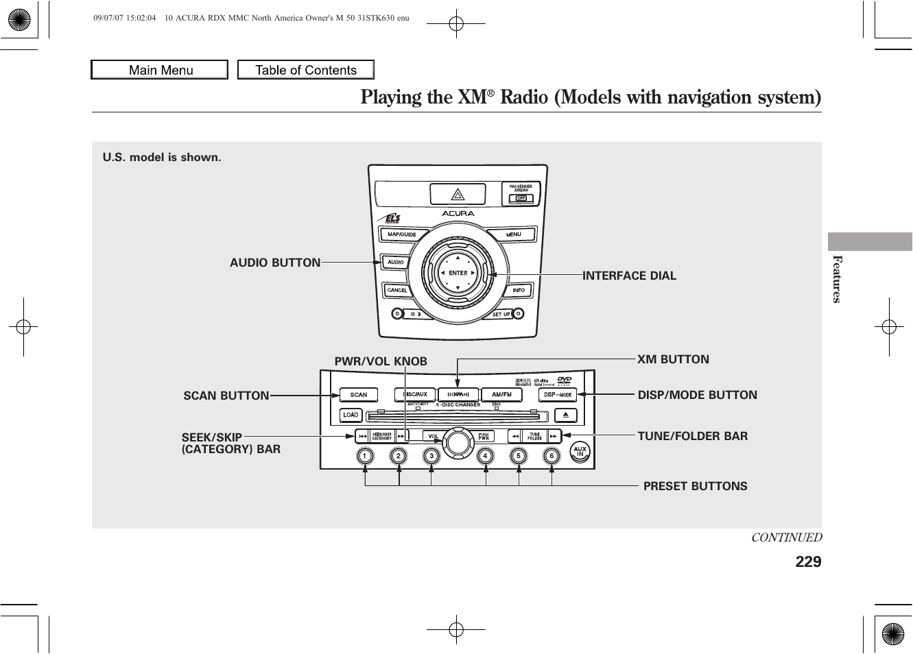 Playing the xm, Radio (models with navigation system), 2010 rdx | Acura 2010 RDX User Manual | Page 233 / 514