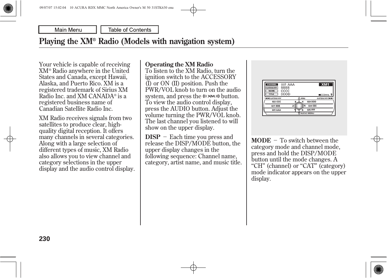 Playing the xm, Radio (models with navigation system), 2010 rdx | Acura 2010 RDX User Manual | Page 234 / 514