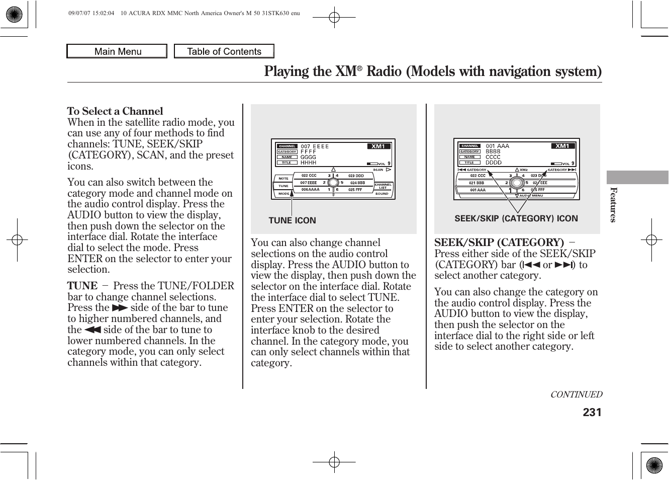 Playing the xm, Radio (models with navigation system), 2010 rdx | Acura 2010 RDX User Manual | Page 235 / 514