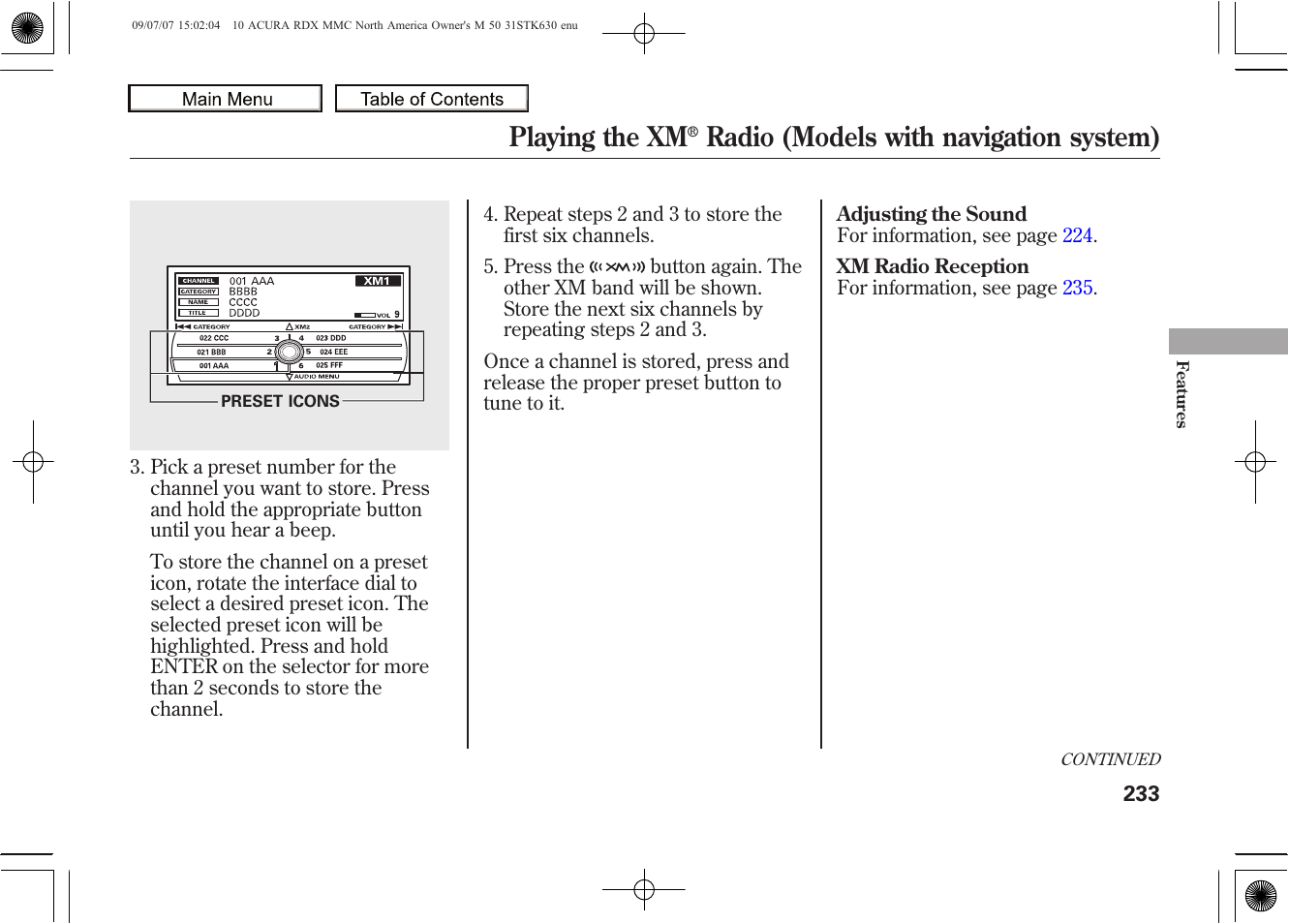 Playing the xm, Radio (models with navigation system), 2010 rdx | Acura 2010 RDX User Manual | Page 237 / 514