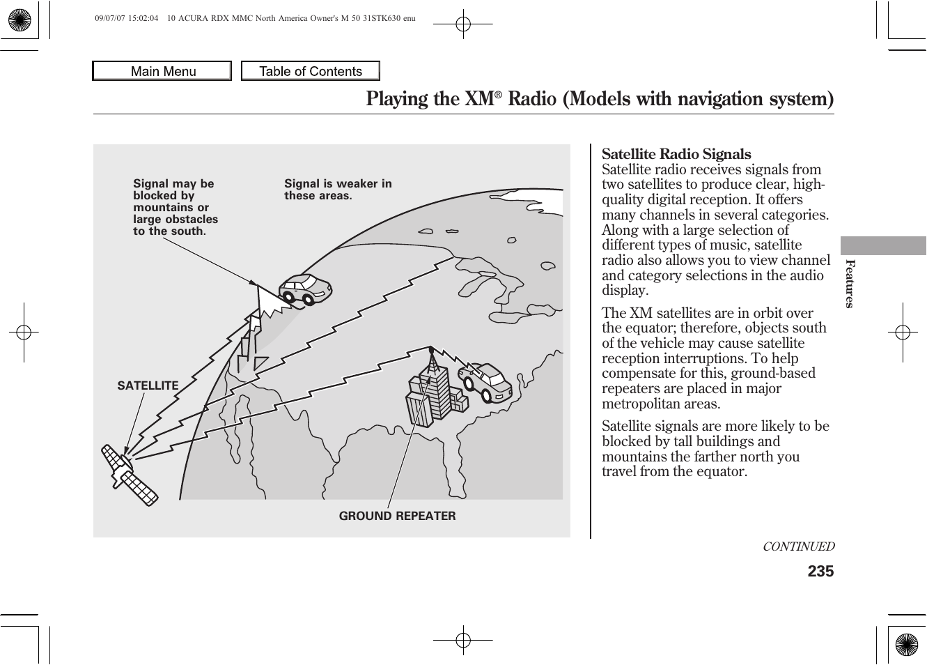 Playing the xm, Radio (models with navigation system), 2010 rdx | Acura 2010 RDX User Manual | Page 239 / 514