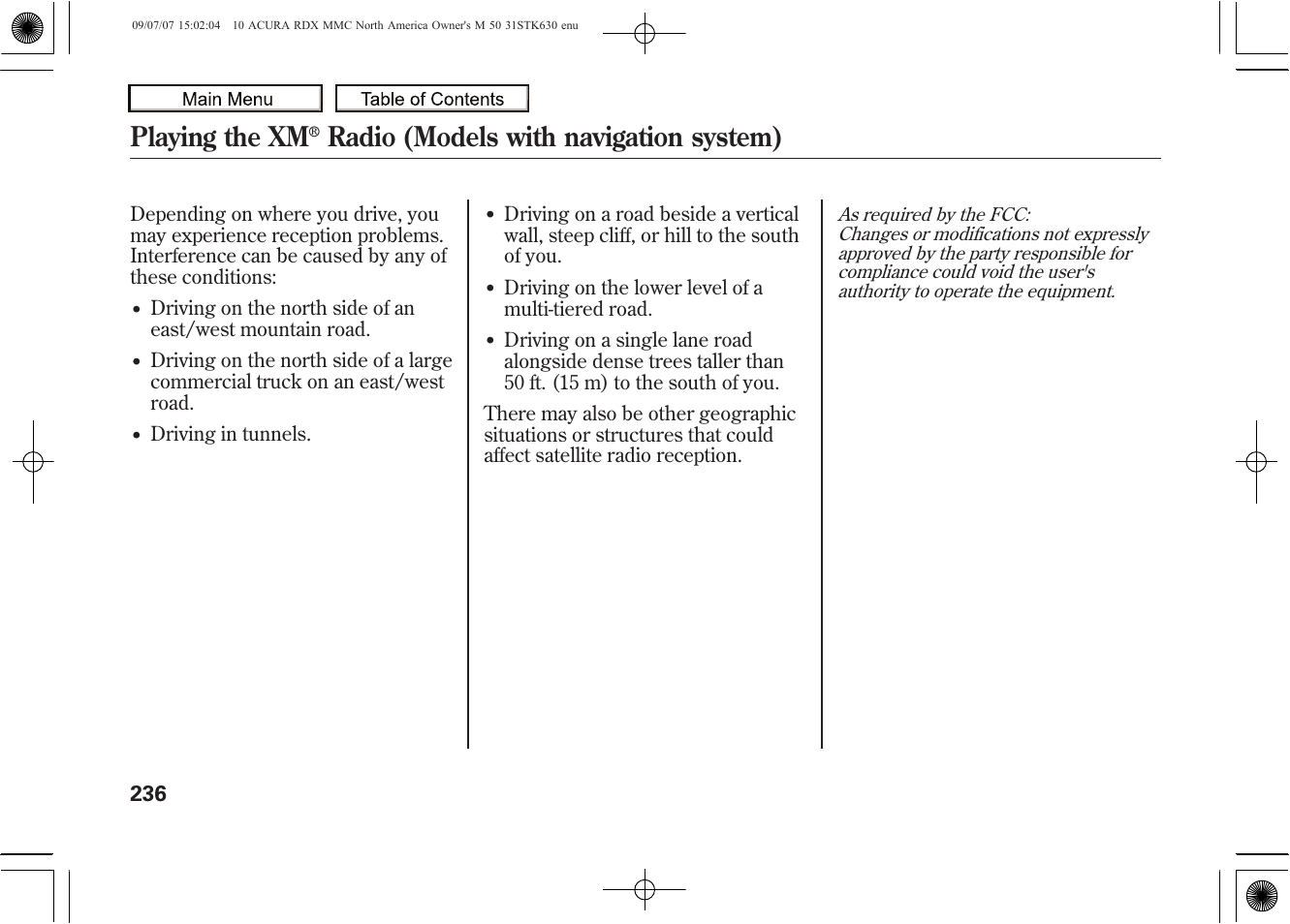Playing the xm, Radio (models with navigation system), 2010 rdx | Acura 2010 RDX User Manual | Page 240 / 514