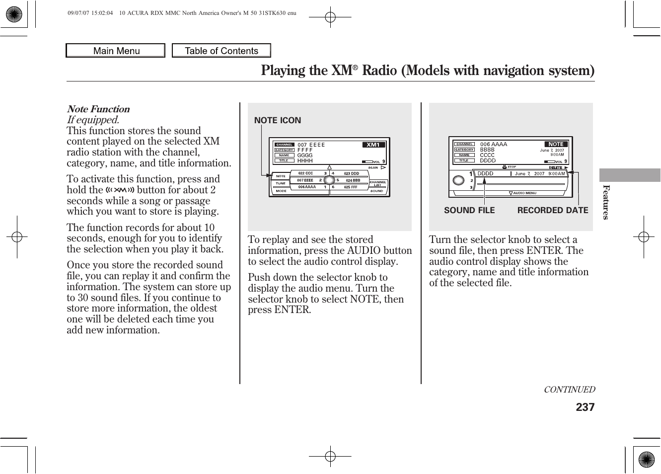 Playing the xm, Radio (models with navigation system), 2010 rdx | Acura 2010 RDX User Manual | Page 241 / 514