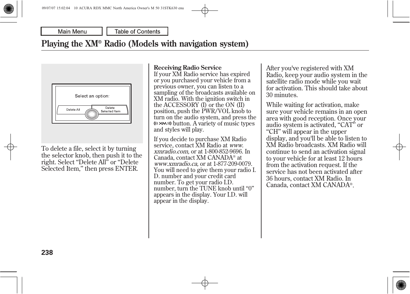 Playing the xm, Radio (models with navigation system), 2010 rdx | Acura 2010 RDX User Manual | Page 242 / 514