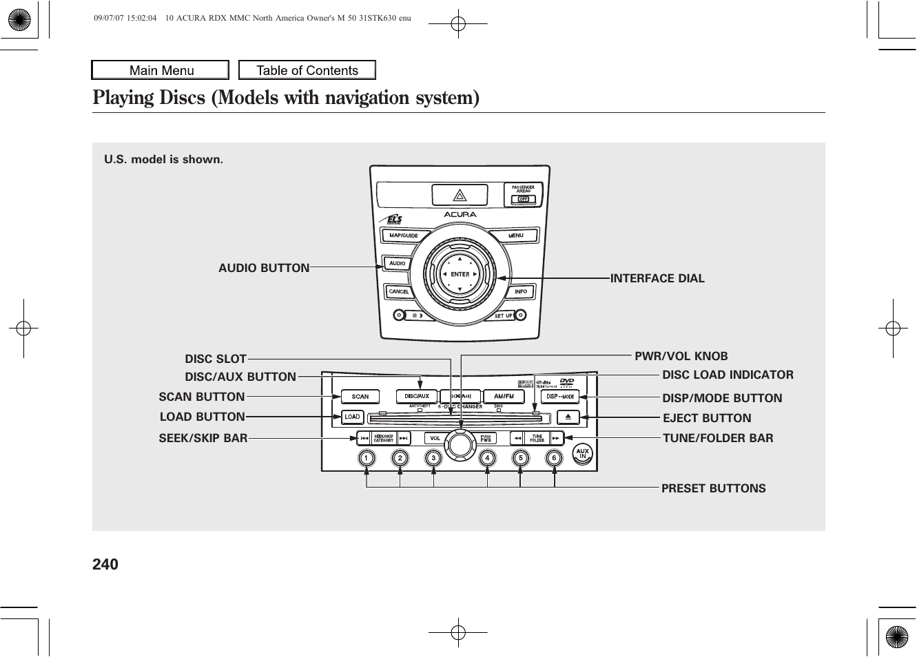 Playing discs (models with navigation system), 2010 rdx | Acura 2010 RDX User Manual | Page 244 / 514