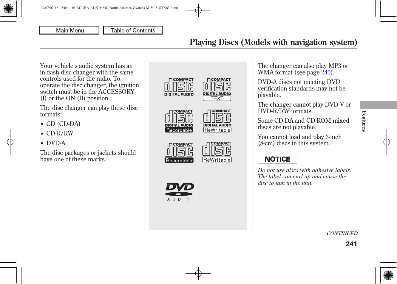 Playing discs (models with navigation system), 2010 rdx | Acura 2010 RDX User Manual | Page 245 / 514