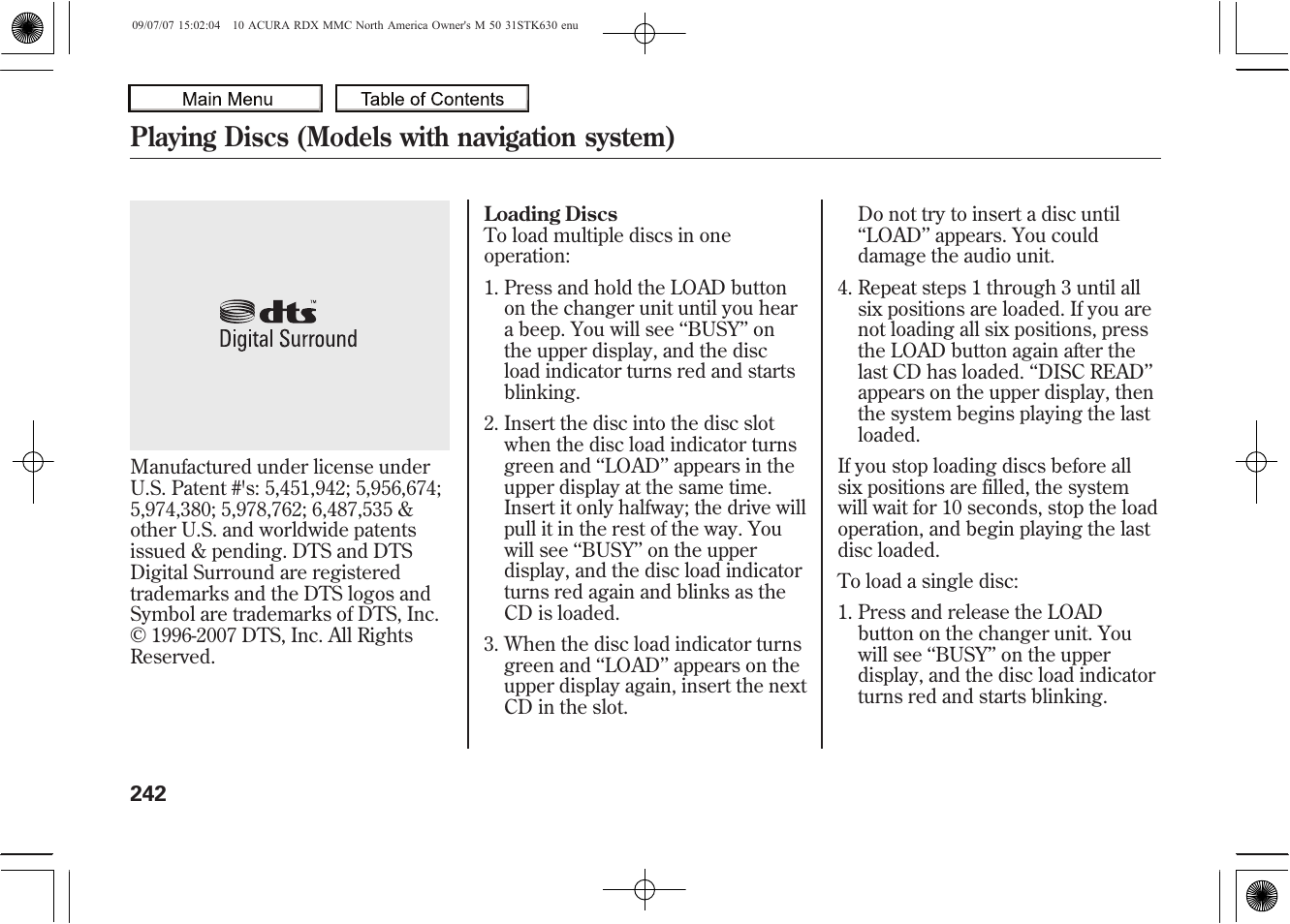 Playing discs (models with navigation system), 2010 rdx | Acura 2010 RDX User Manual | Page 246 / 514