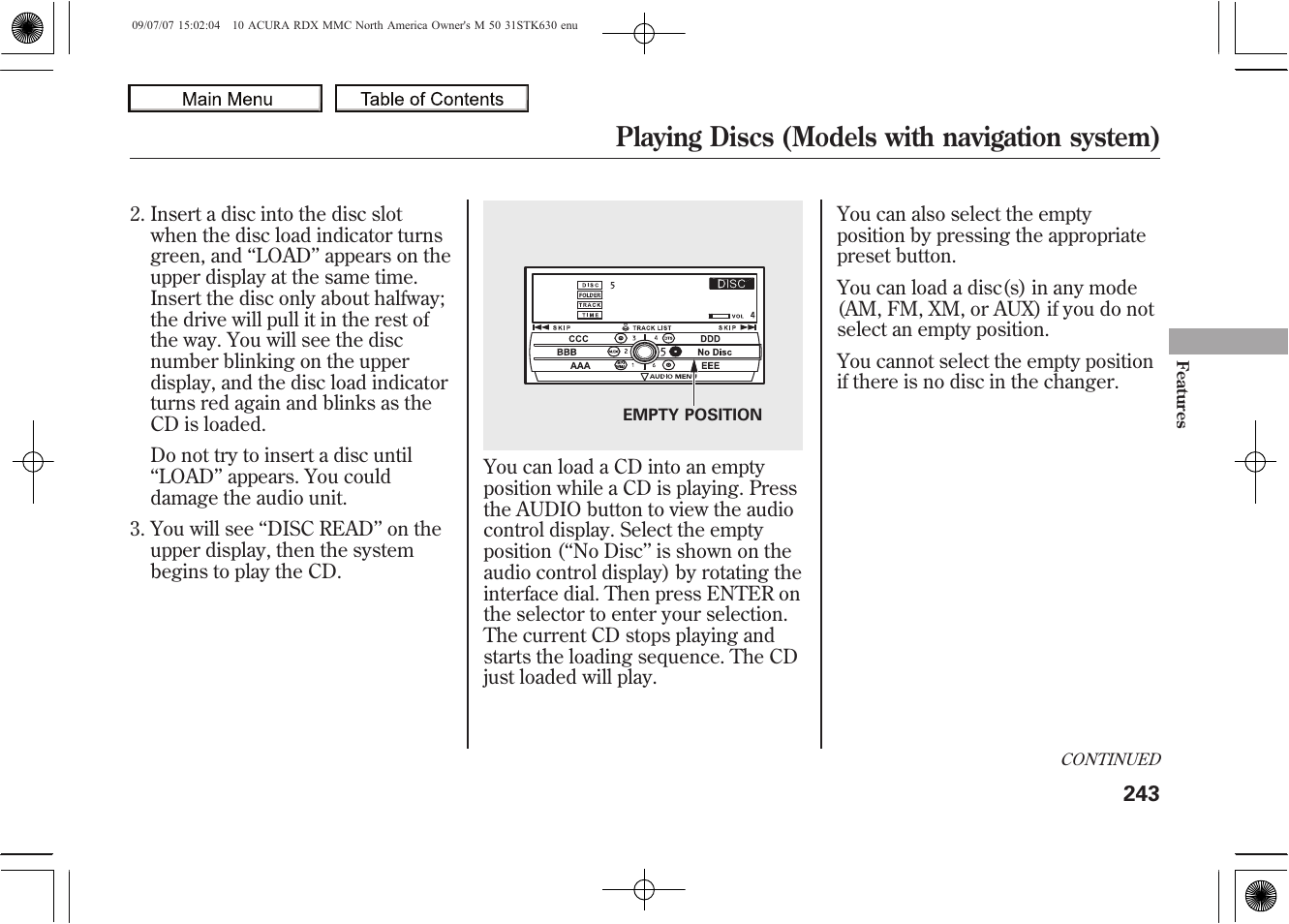 Playing discs (models with navigation system), 2010 rdx | Acura 2010 RDX User Manual | Page 247 / 514