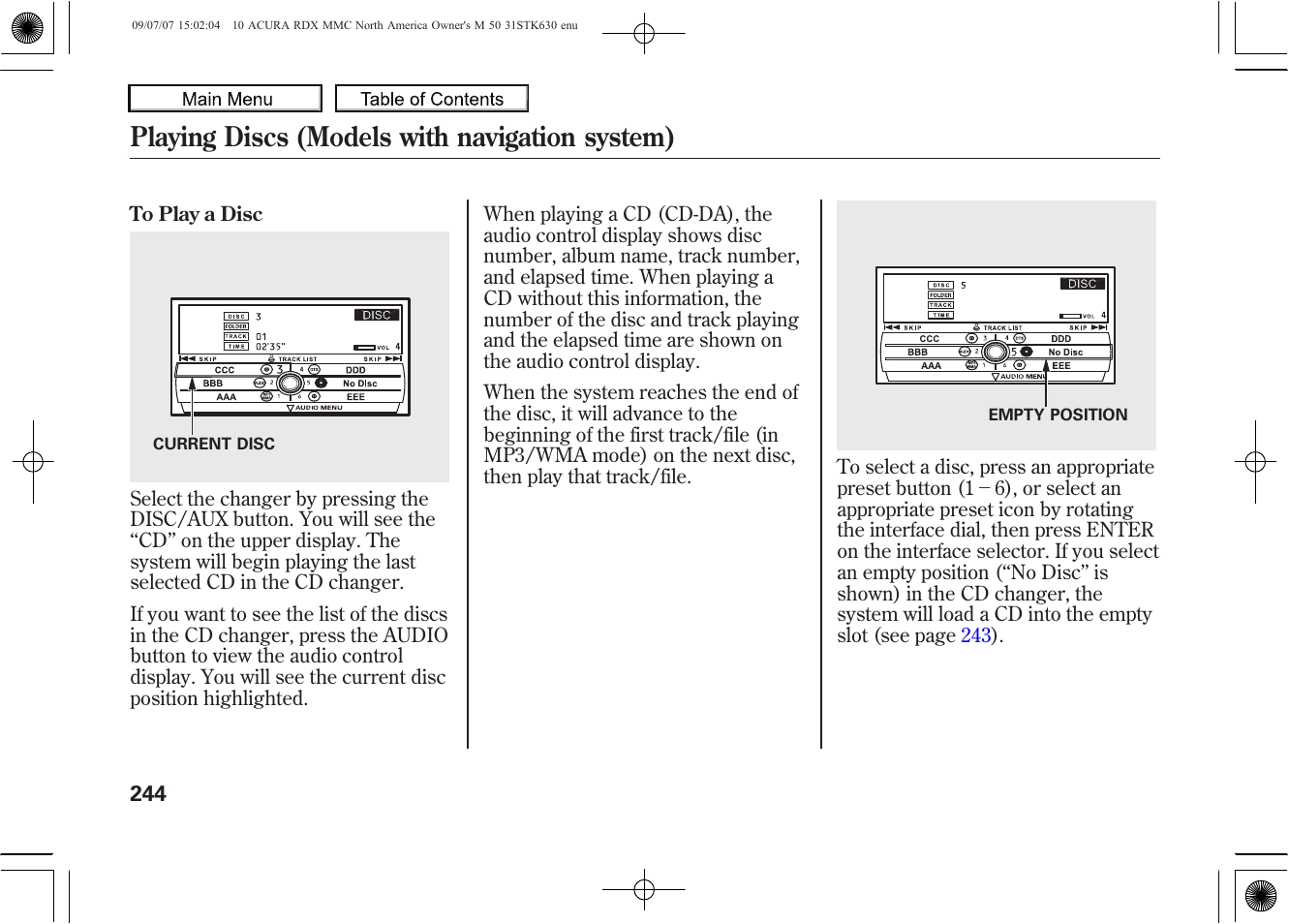 Playing discs (models with navigation system), 2010 rdx | Acura 2010 RDX User Manual | Page 248 / 514