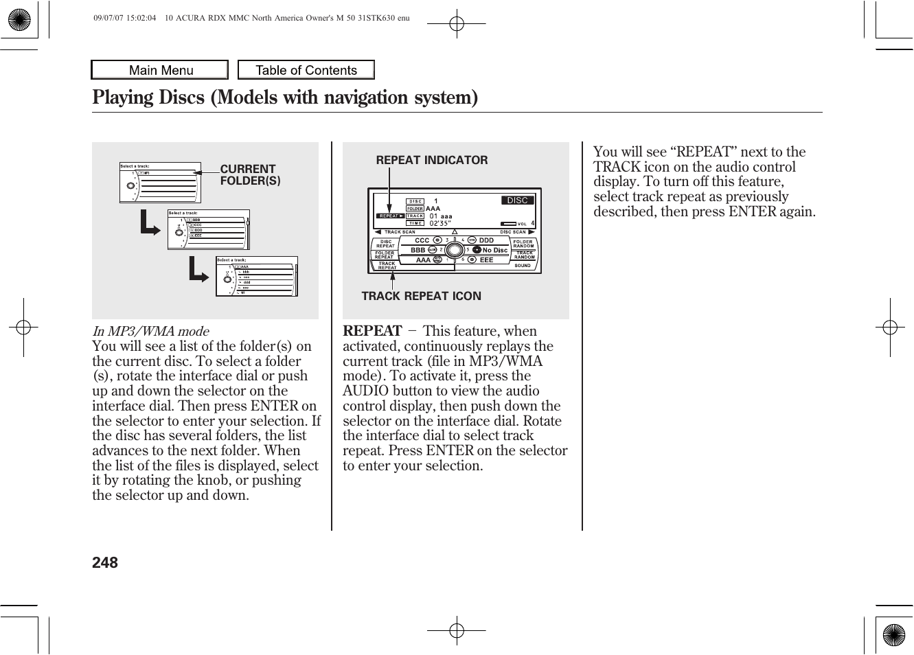 Playing discs (models with navigation system), 2010 rdx | Acura 2010 RDX User Manual | Page 252 / 514