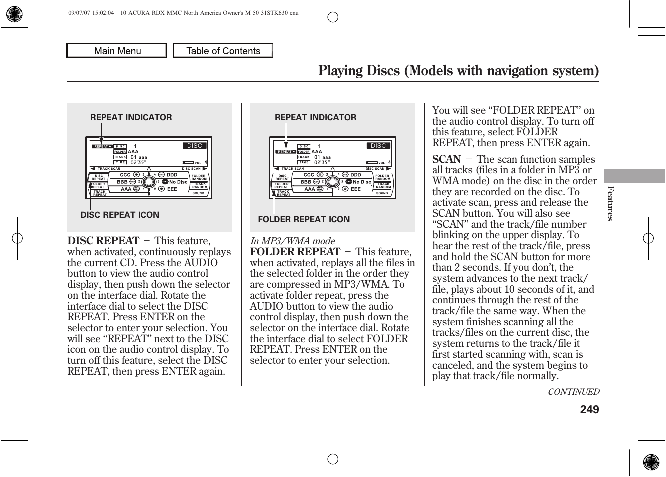 Playing discs (models with navigation system), 2010 rdx | Acura 2010 RDX User Manual | Page 253 / 514