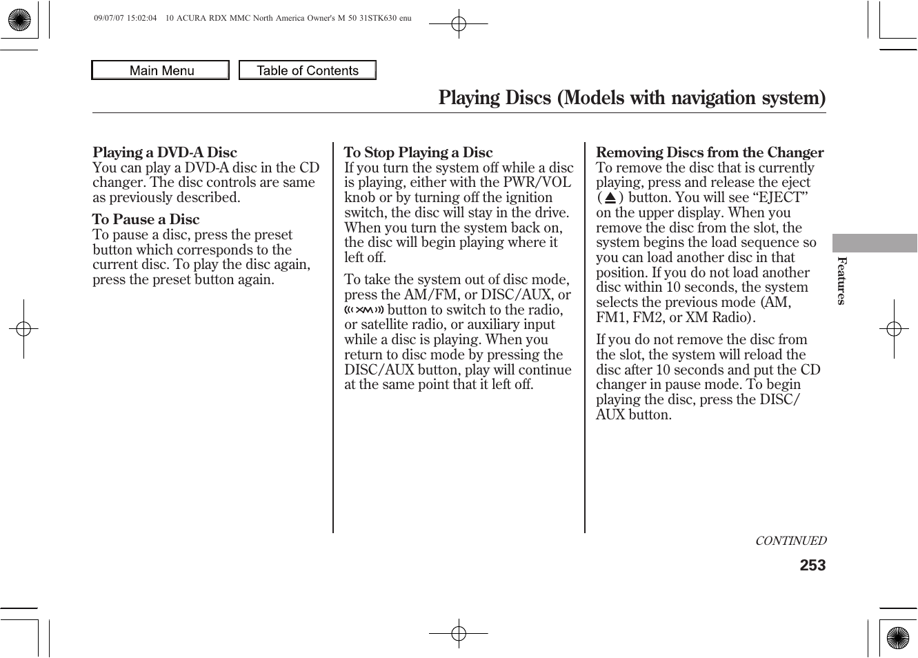 Playing discs (models with navigation system), 2010 rdx | Acura 2010 RDX User Manual | Page 257 / 514