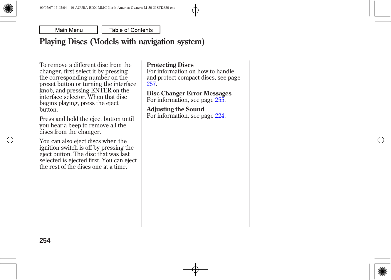 Playing discs (models with navigation system), 2010 rdx | Acura 2010 RDX User Manual | Page 258 / 514