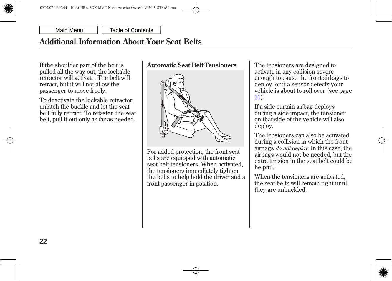 Additional information about your seat belts, 2010 rdx | Acura 2010 RDX User Manual | Page 26 / 514