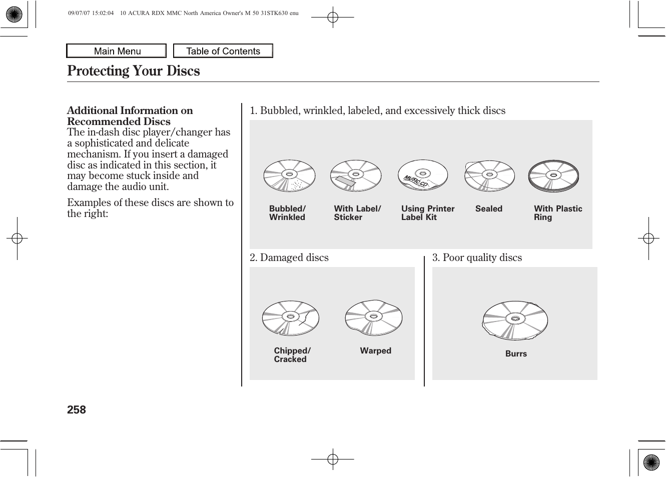 Protecting your discs, 2010 rdx | Acura 2010 RDX User Manual | Page 262 / 514