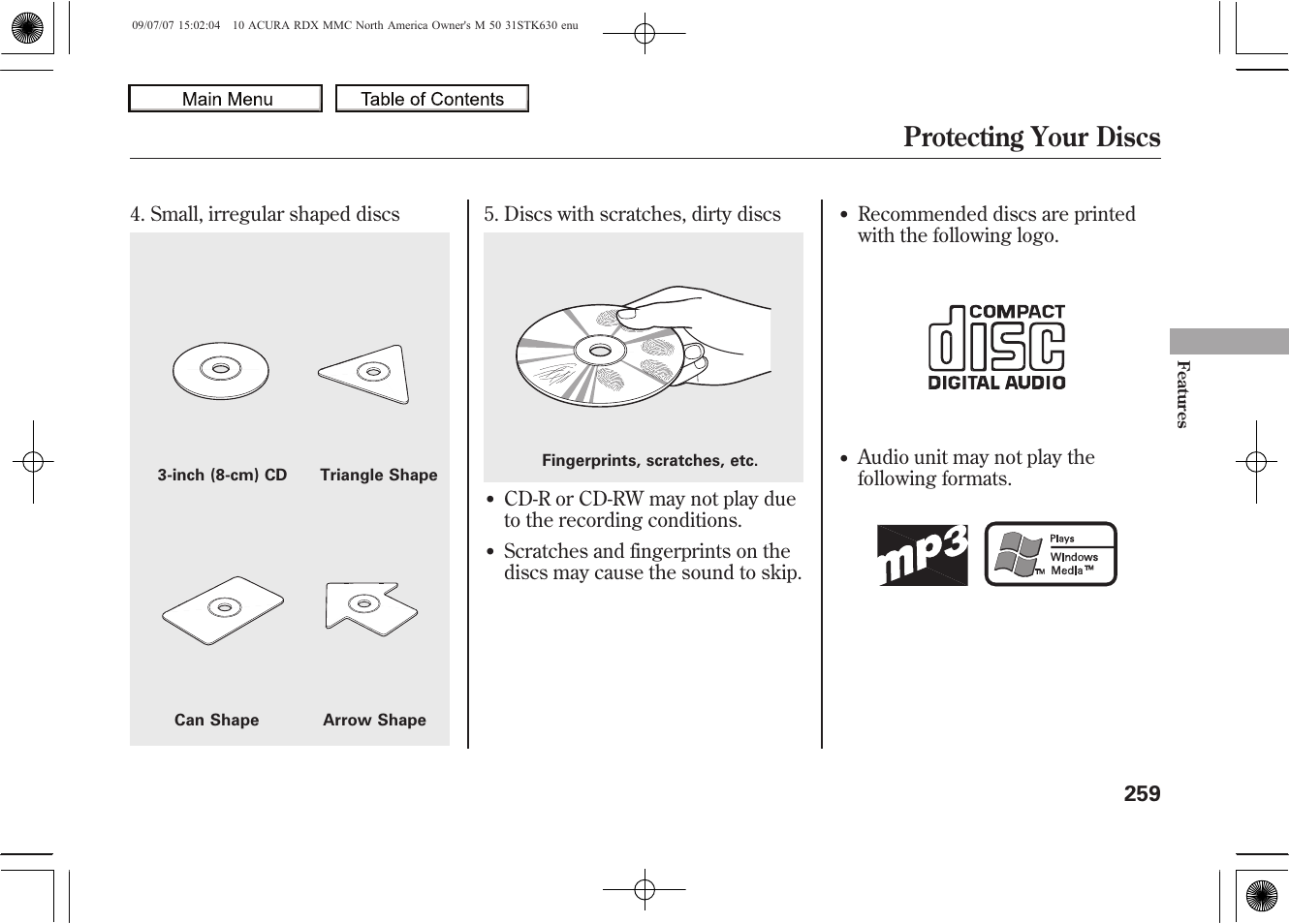 Protecting your discs, 2010 rdx | Acura 2010 RDX User Manual | Page 263 / 514