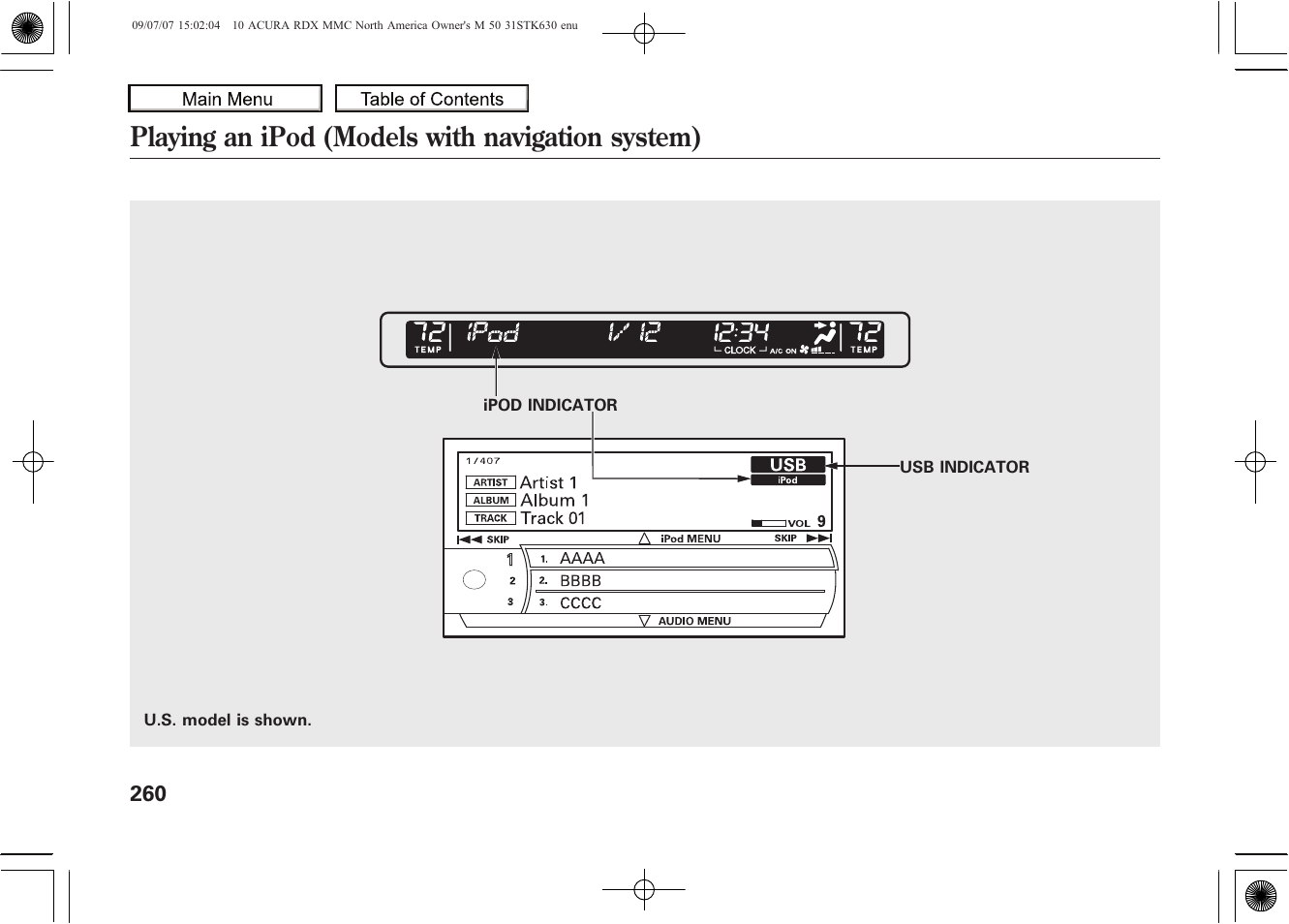 Playing an ipod (models with navigation system), 2010 rdx | Acura 2010 RDX User Manual | Page 264 / 514