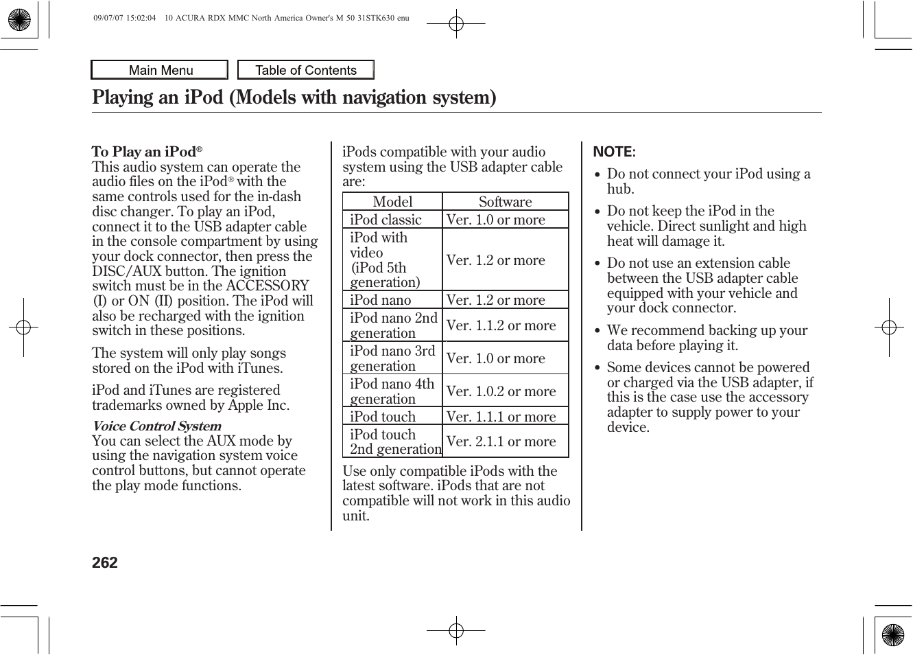 Playing an ipod (models with navigation system), 2010 rdx | Acura 2010 RDX User Manual | Page 266 / 514