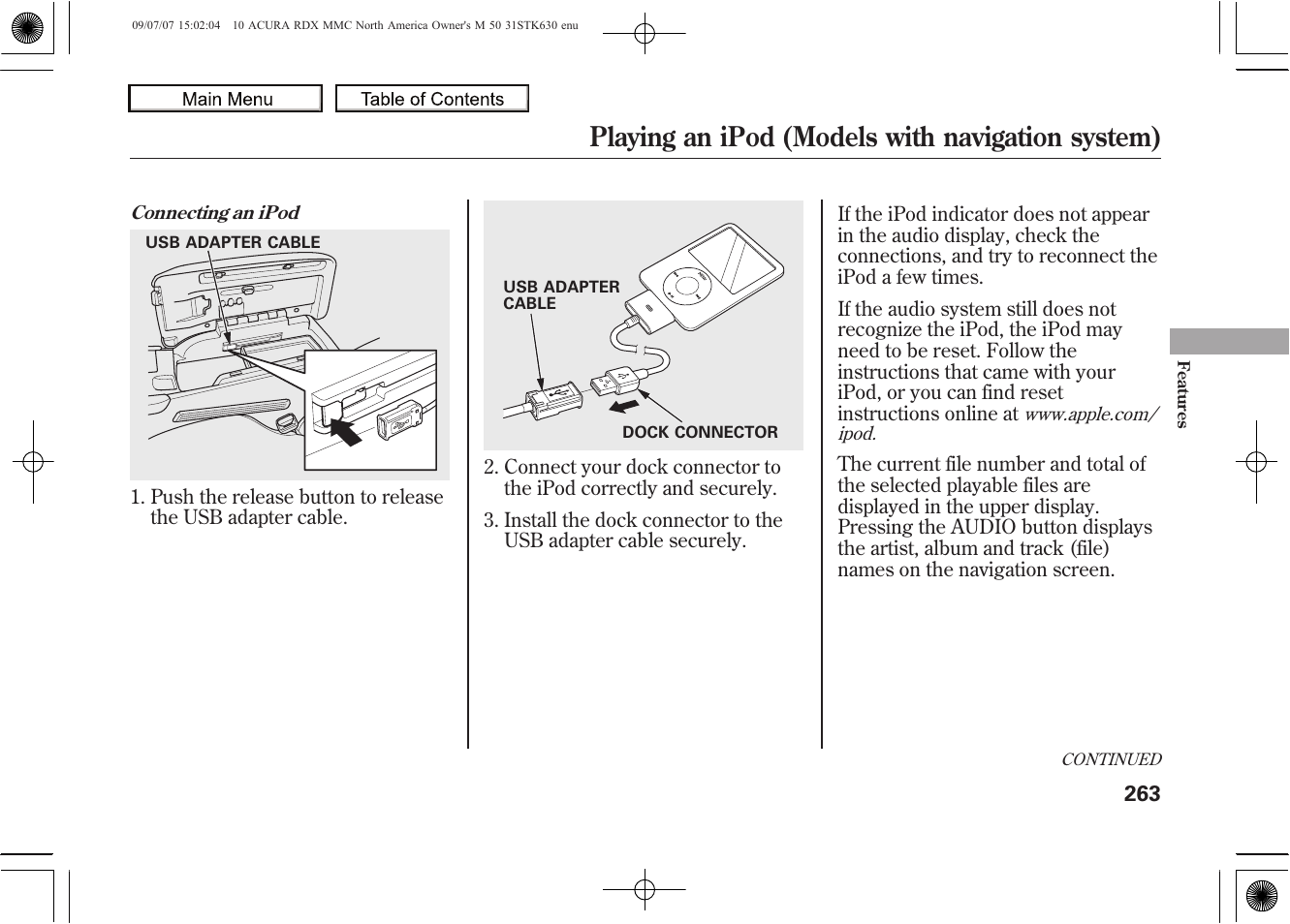Playing an ipod (models with navigation system), 2010 rdx | Acura 2010 RDX User Manual | Page 267 / 514